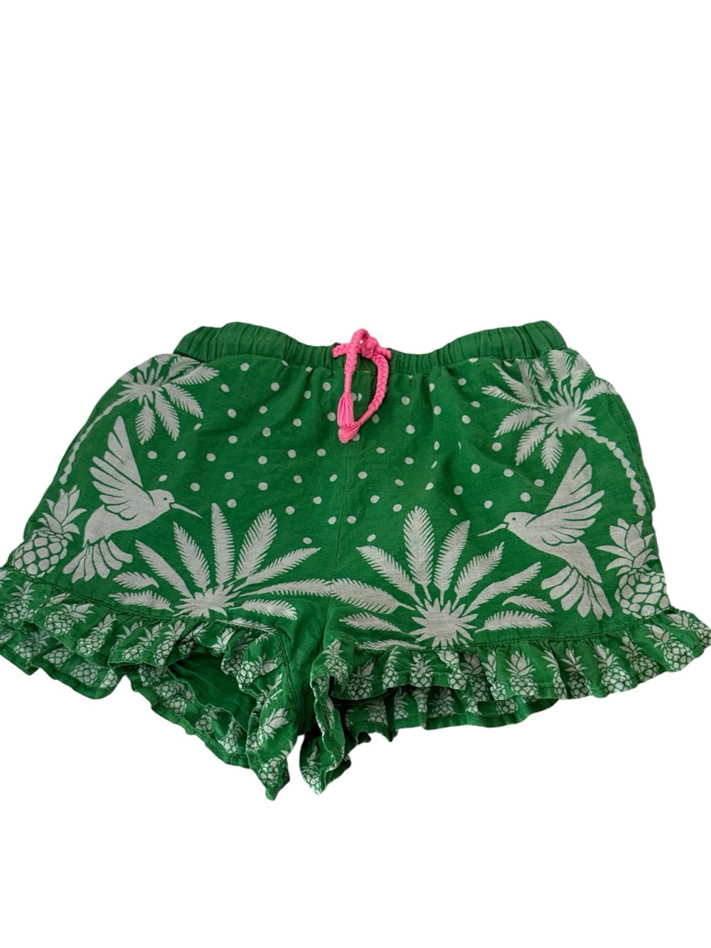 Mini Boden Green Tropical Print with birds Ruffle Shorts,Pink tie, size 8